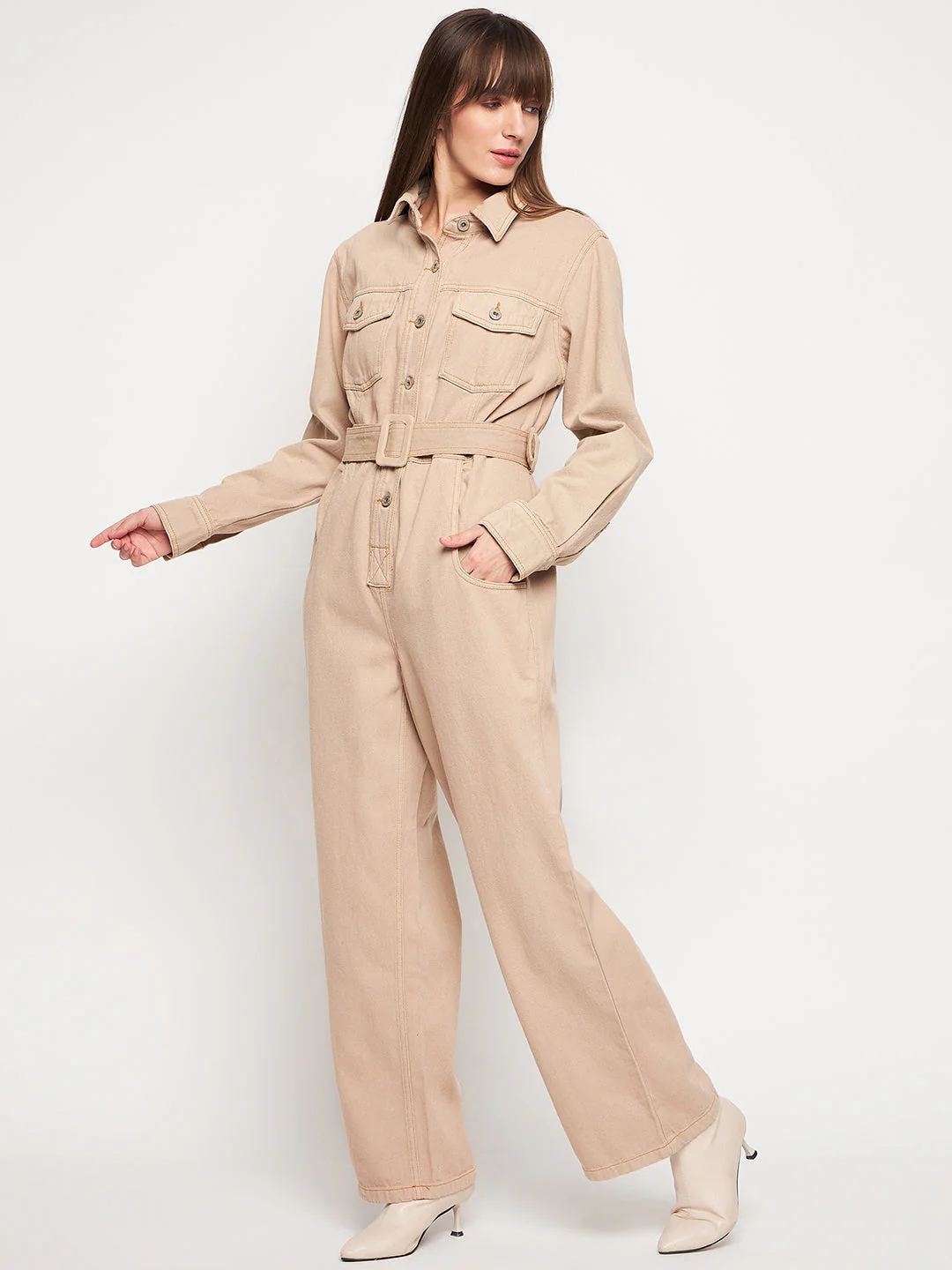 Madame Beige Belted Cargo Jumpsuit - Image 5