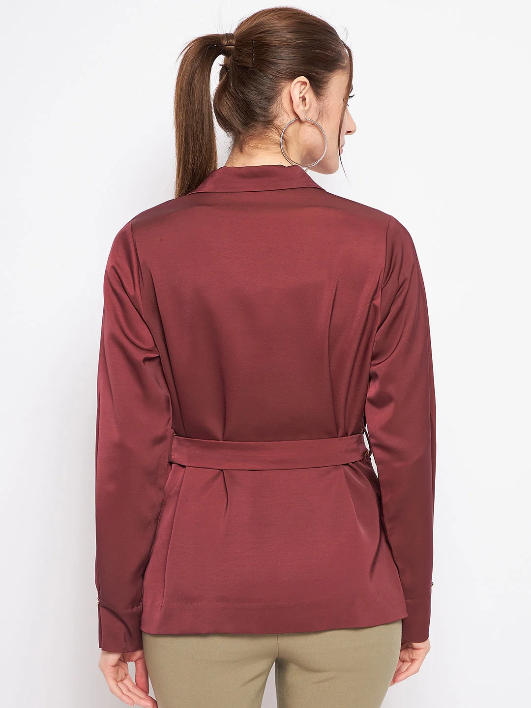 Madame Buckle Belted Solid Wine Red Wrap Blazer - Image 3