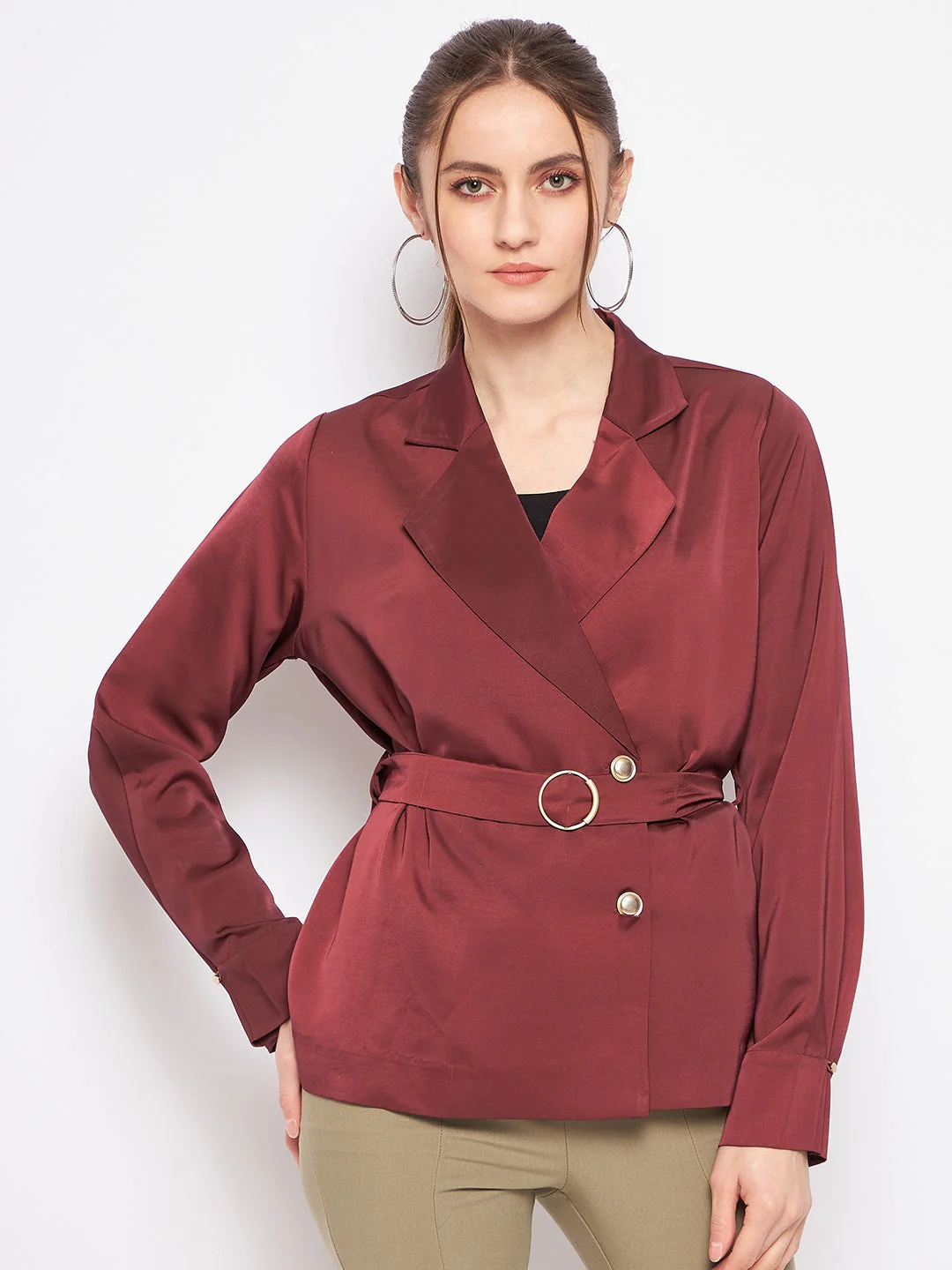 Madame Buckle Belted Solid Wine Red Wrap Blazer - Image 4