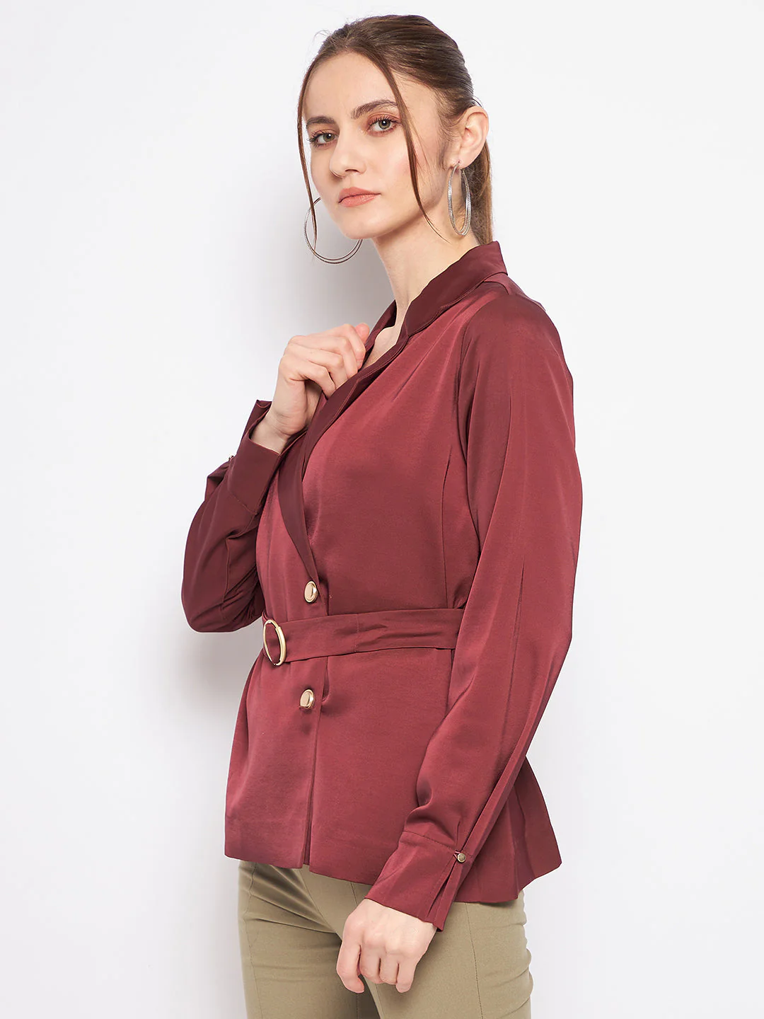 Madame Buckle Belted Solid Wine Red Wrap Blazer - Image 5