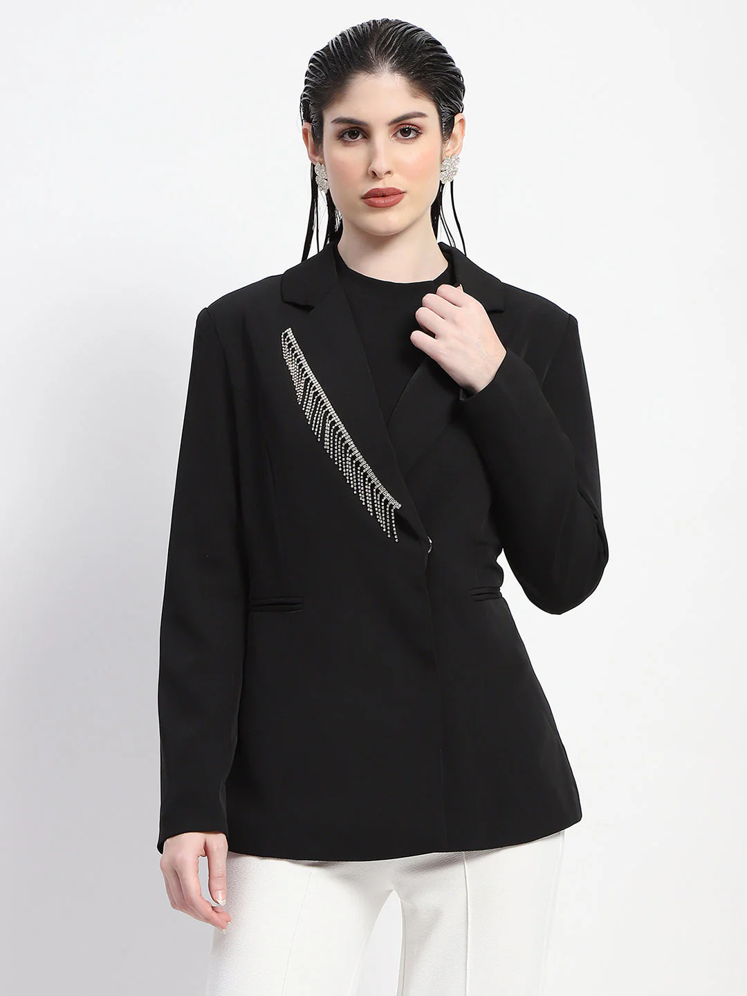Madame Chain Adorned Notched Lapel Neckline Black Blazer - Image 3