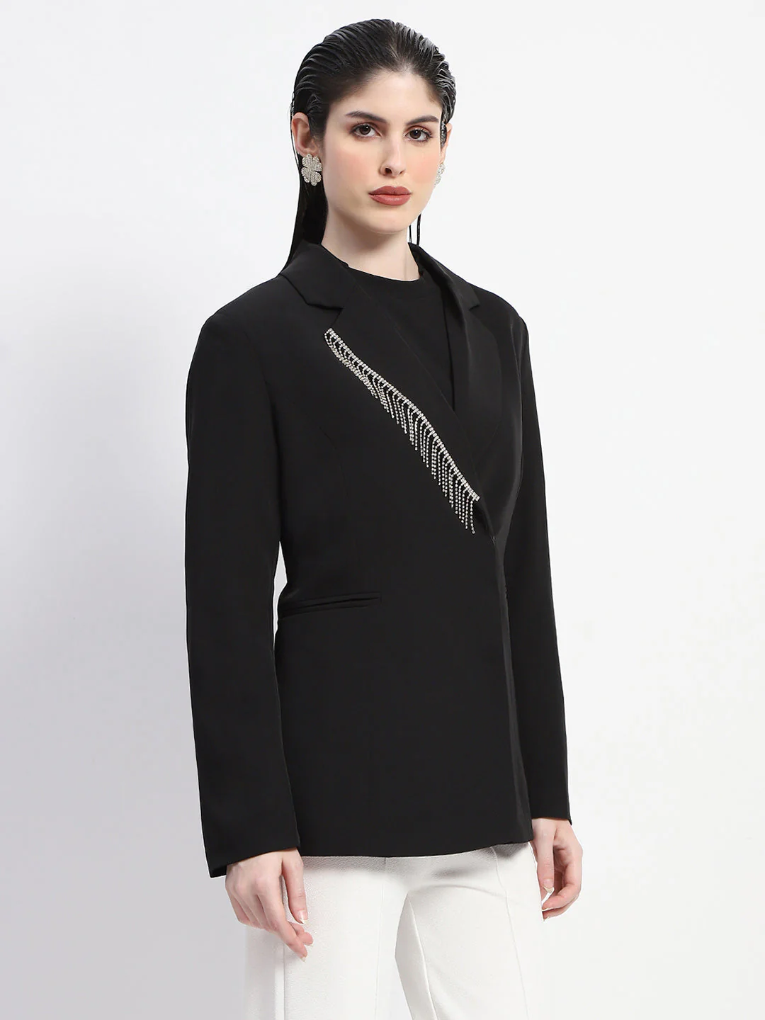 Madame Chain Adorned Notched Lapel Neckline Black Blazer - Image 4