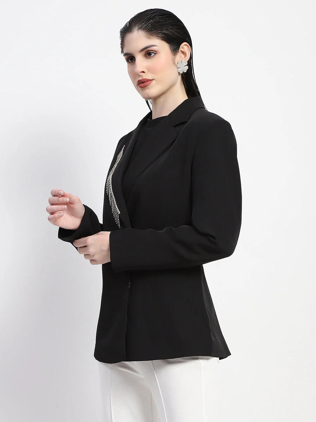 Madame Chain Adorned Notched Lapel Neckline Black Blazer - Image 5