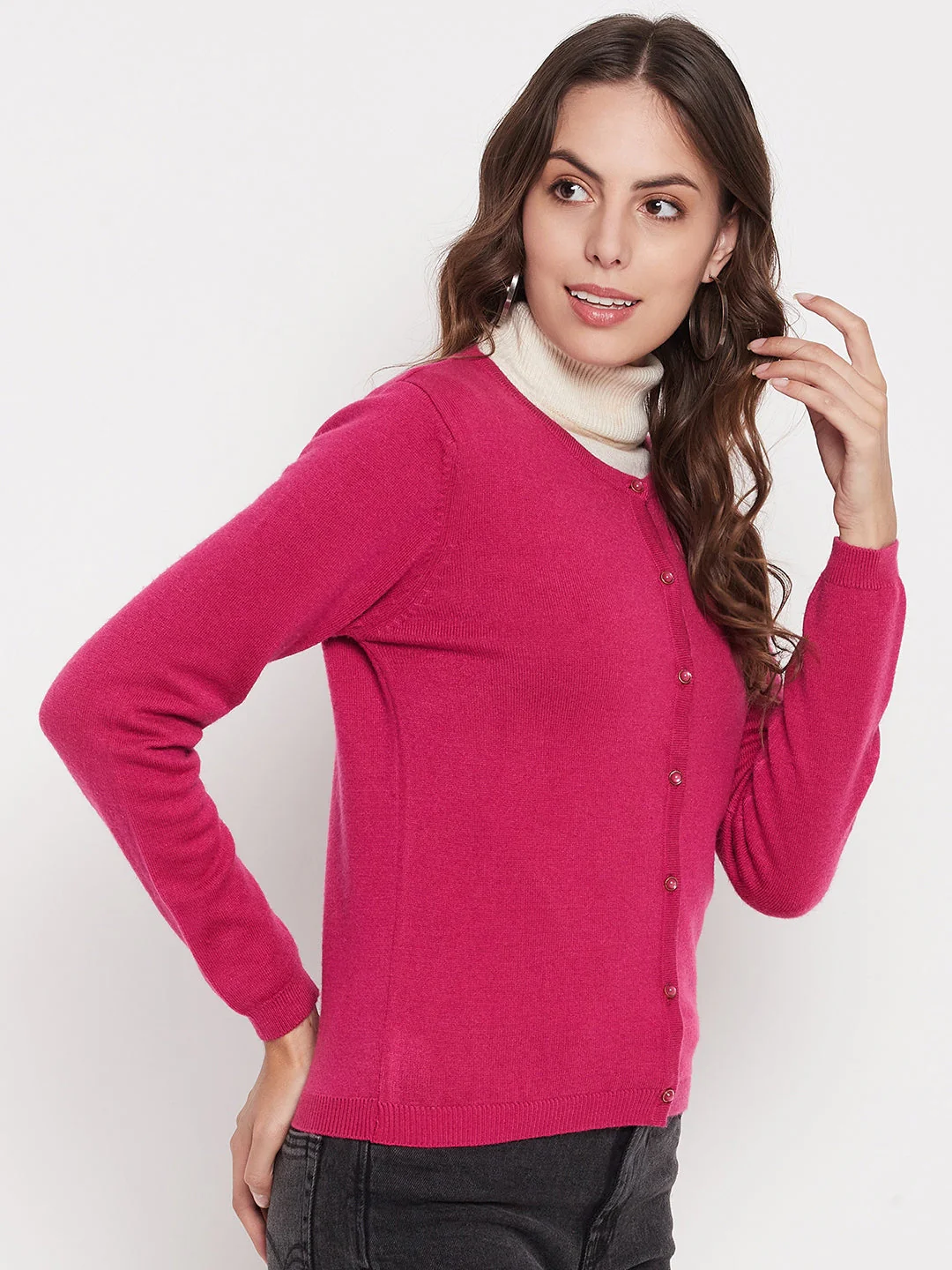 Madame Women Solid Fuschia Cardigans - Image 4
