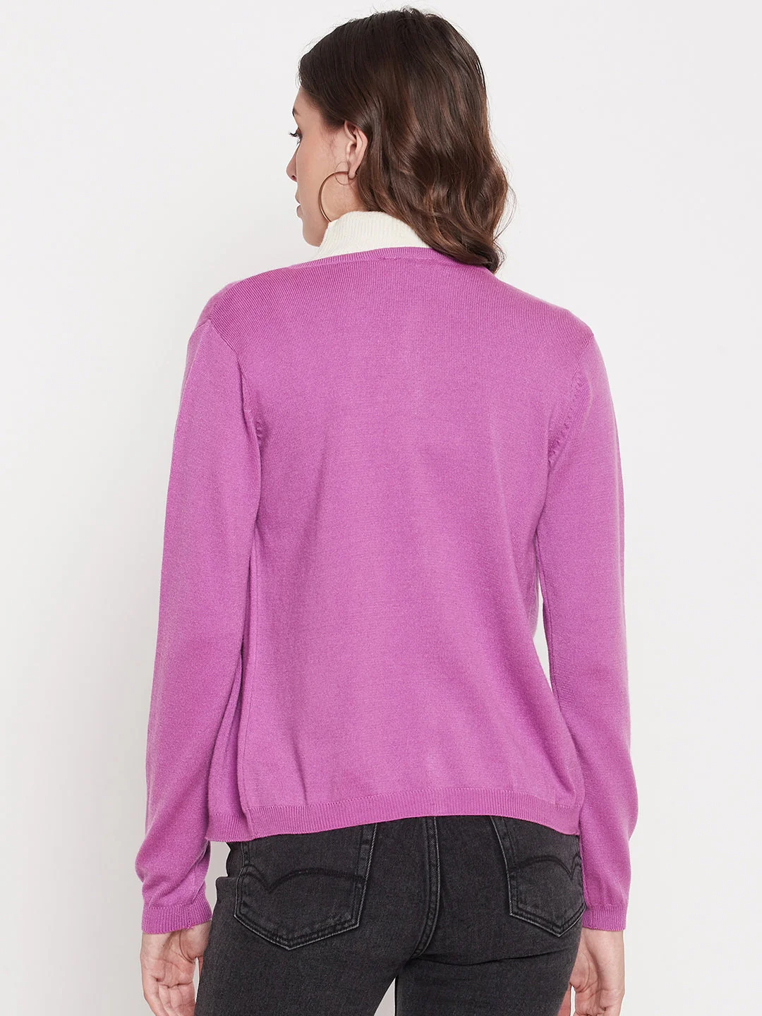 Madame Women Solid Mauve Cardigans - Image 4