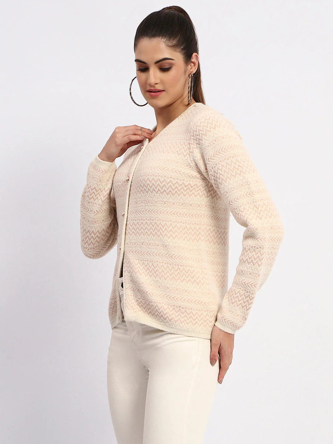 Madame Geometric Print Full Sleeve Peach Cardigan - Image 4