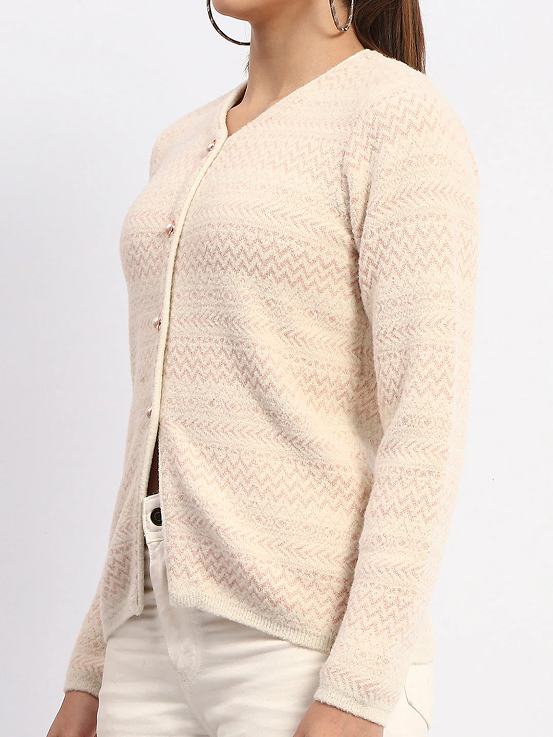 Madame Geometric Print Full Sleeve Peach Cardigan - Image 6
