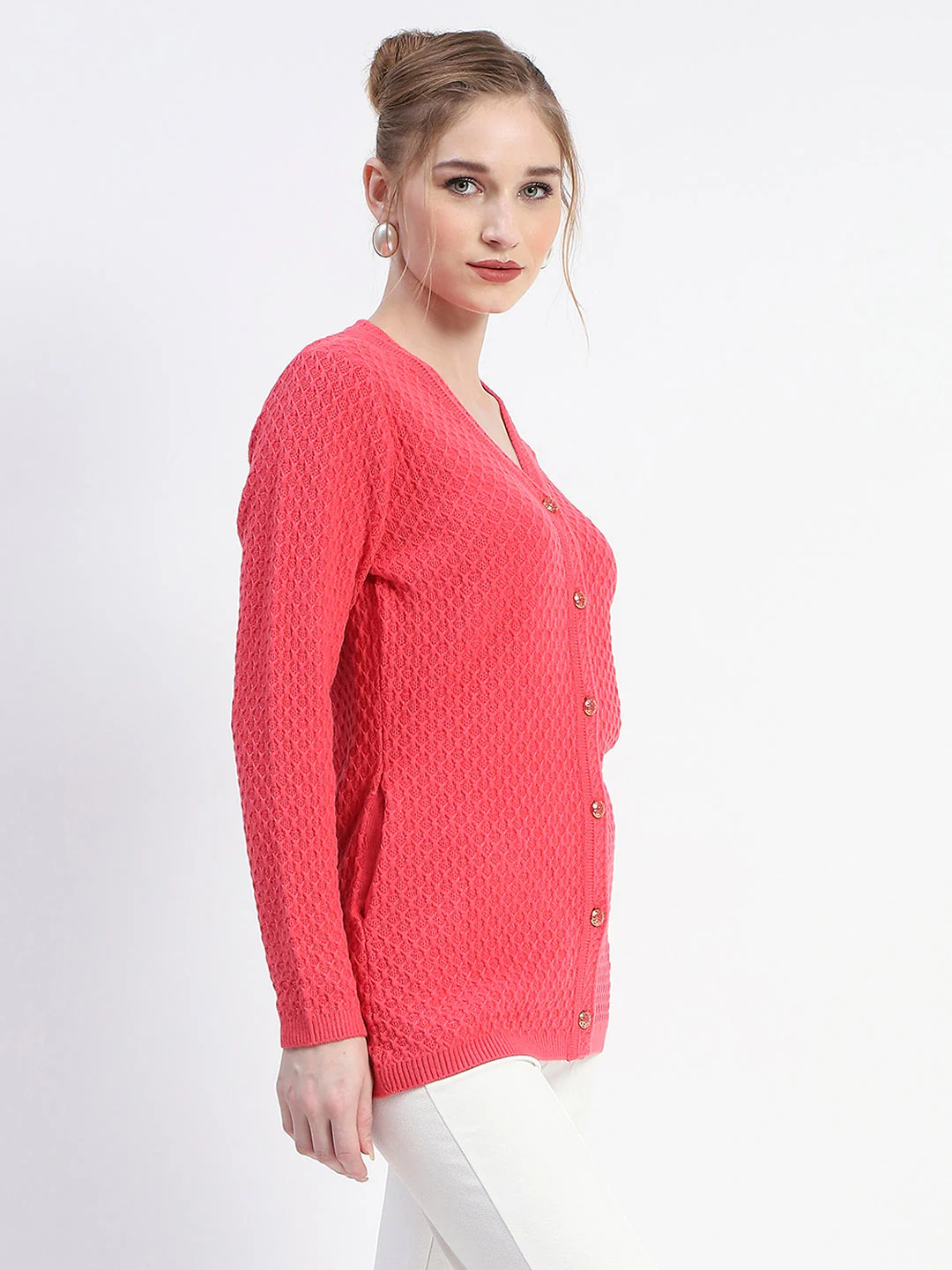 Madame Solid Coral Cable Knit Full Sleeve Cardigan - Image 3