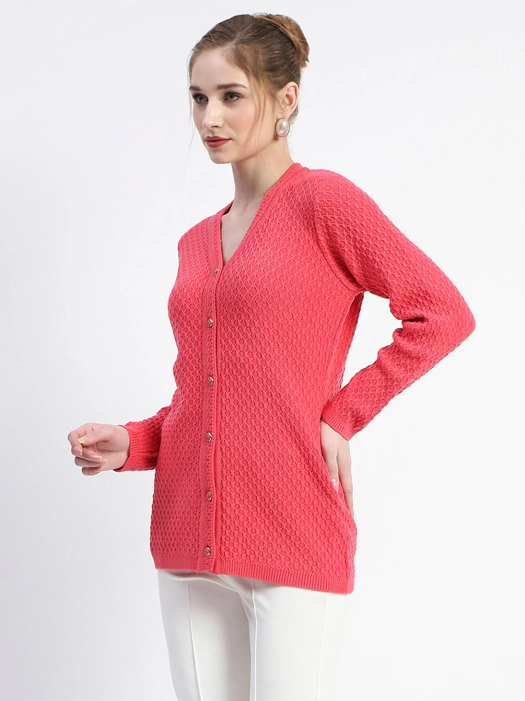 Madame Solid Coral Cable Knit Full Sleeve Cardigan - Image 4