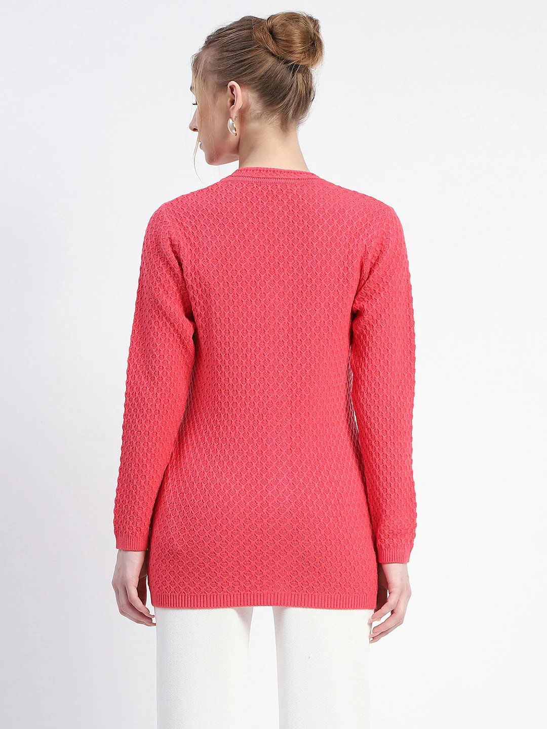 Madame Solid Coral Cable Knit Full Sleeve Cardigan - Image 5
