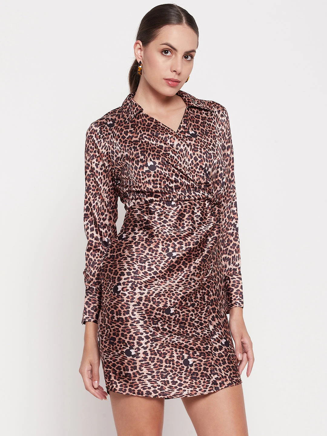 Madame Animal Print Ruched Side Brown Mini Dress - Image 4