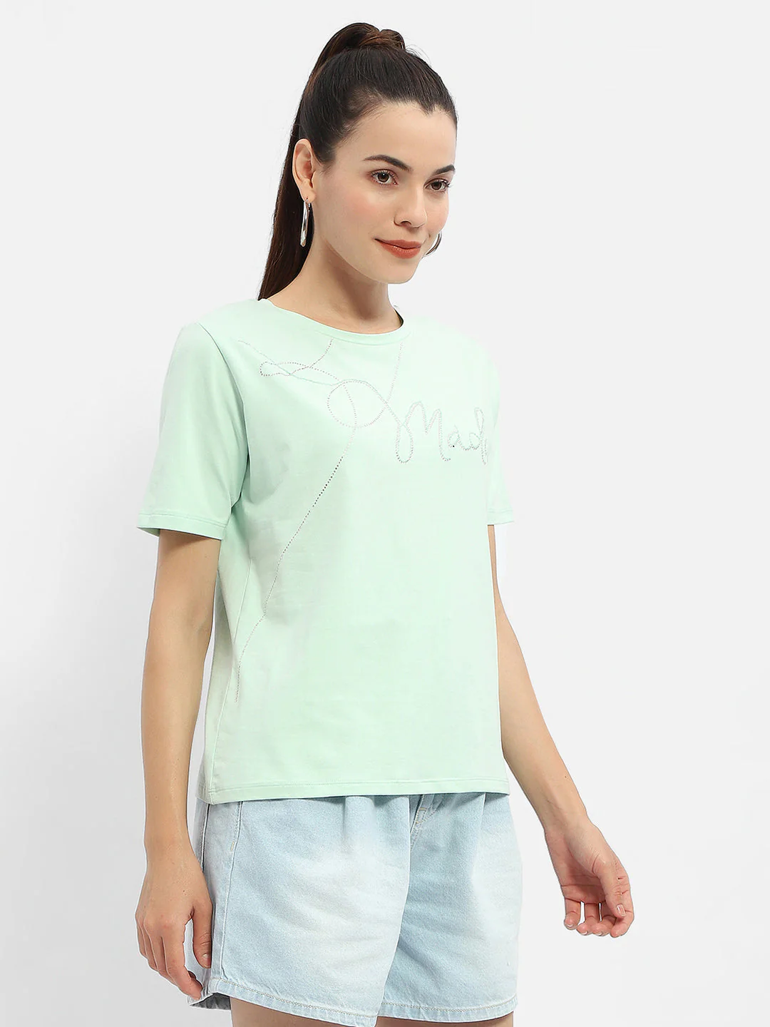 Madame Embellished Typography Mint Regular T-Shirt - Image 3