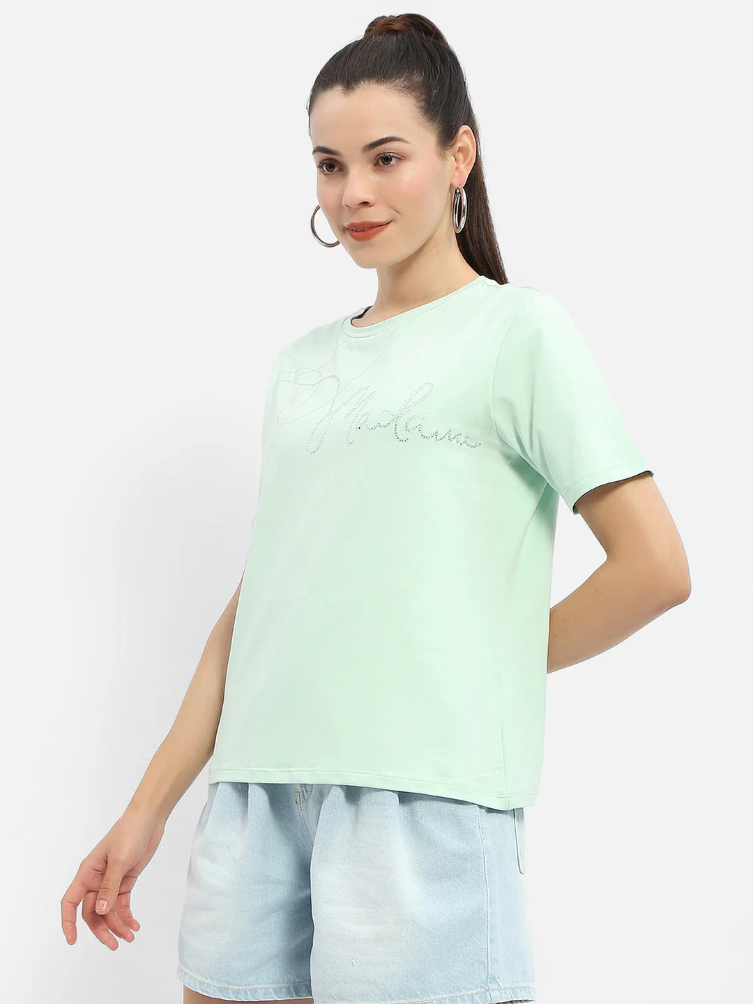 Madame Embellished Typography Mint Regular T-Shirt - Image 4