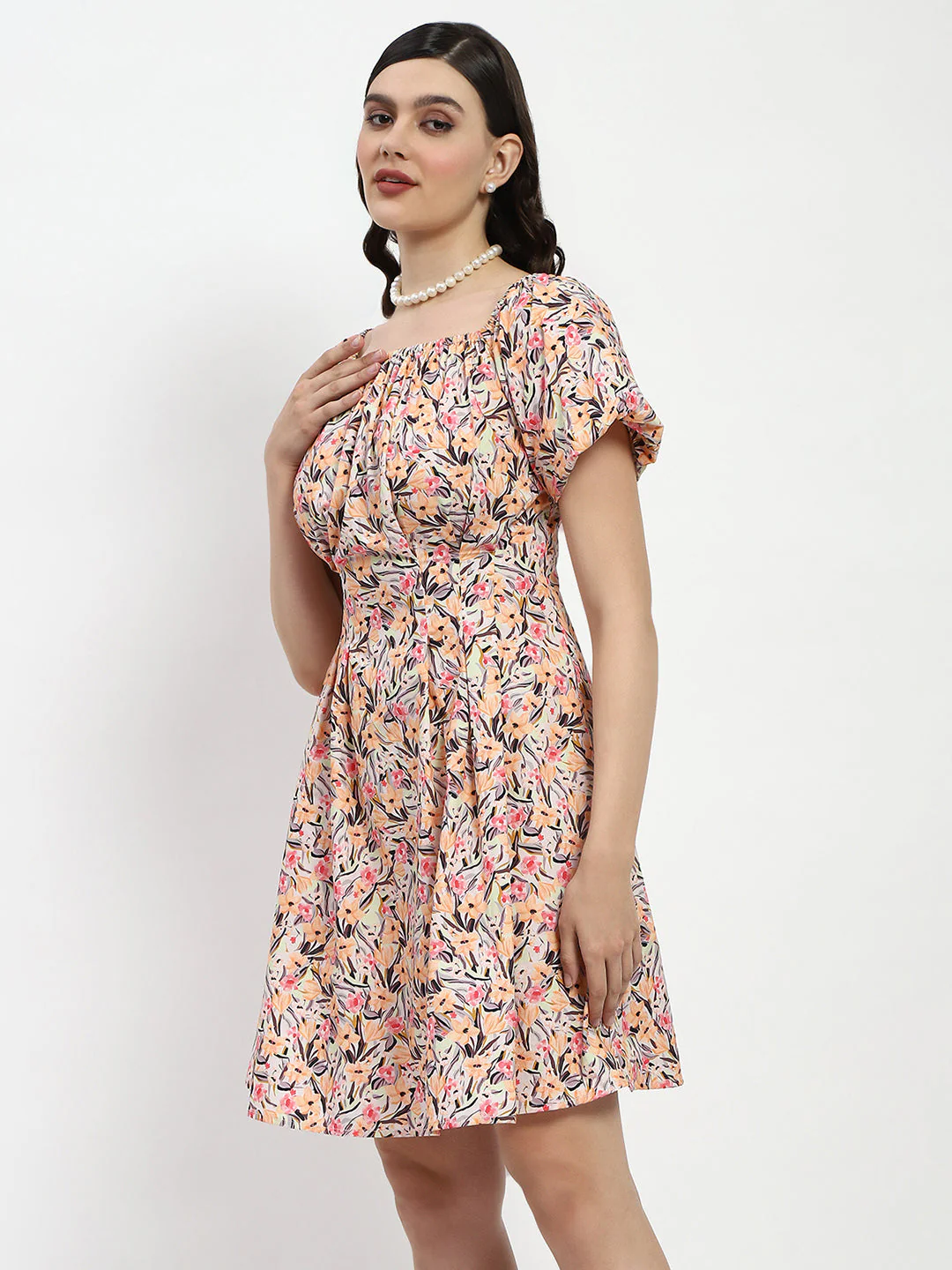 Madame Cotton Floral Print Off Shoulder Orange Mini Dress - Image 5