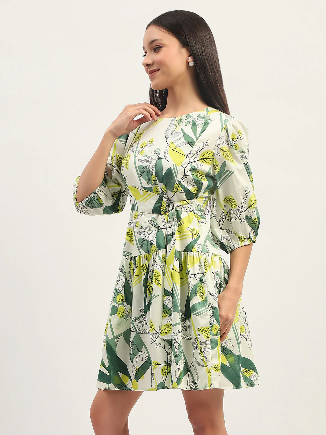 Madame Tier Print Fit And Flare Cotton Lime Mini Dress - Image 3