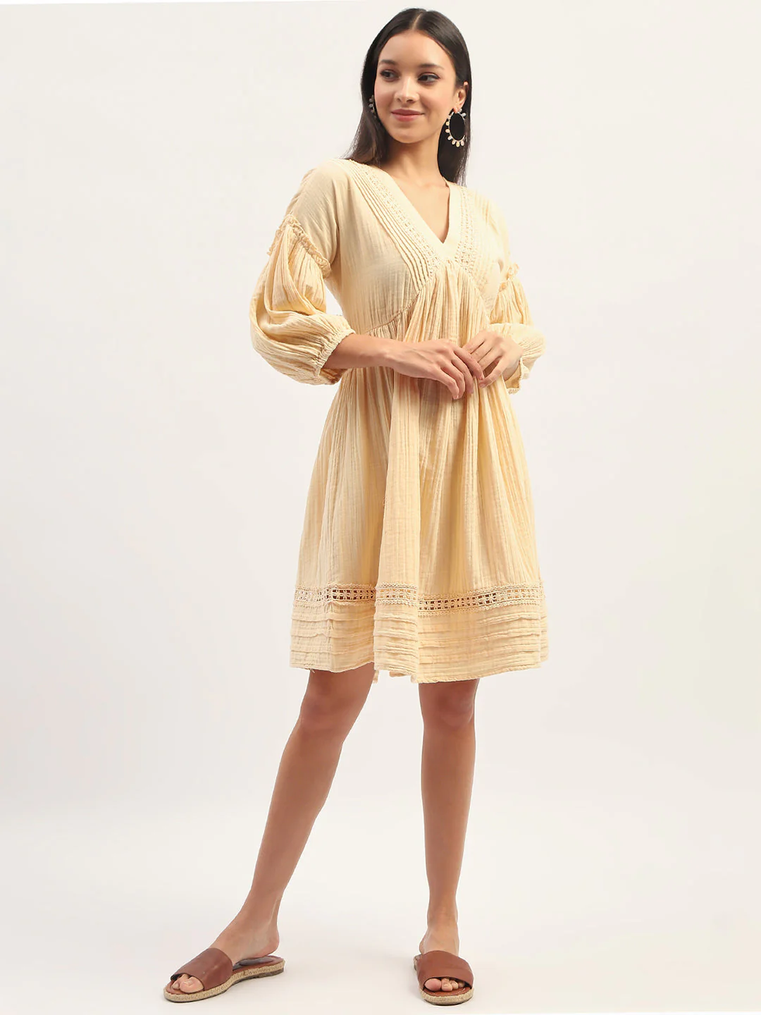 Madame Puff Sleeve Fit And Flare Cotton Beige Midi Dress - Image 3