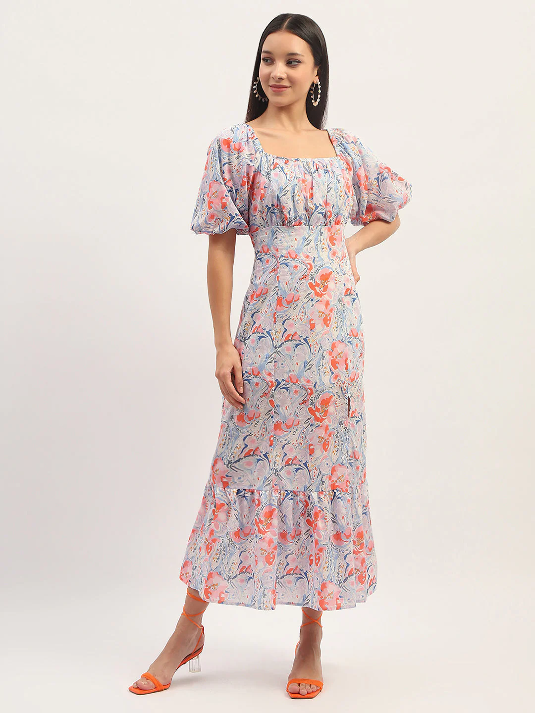 Madame Printed Fit And Flare Blue Cotton Maxi Dress - Image 3