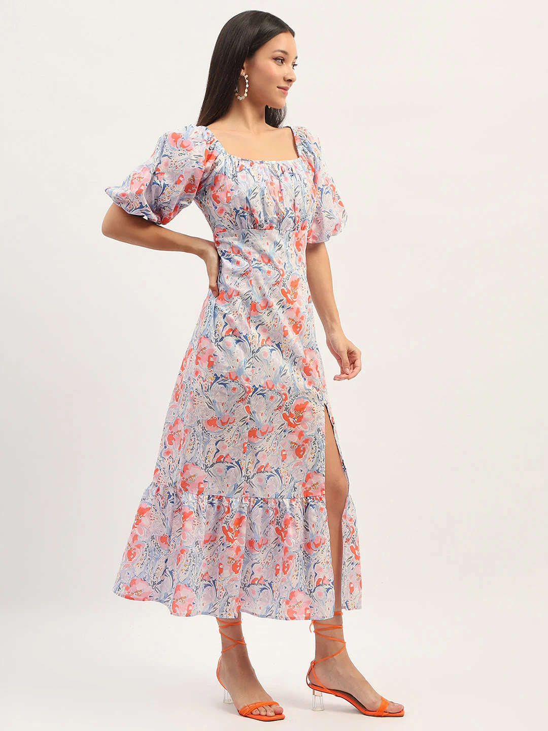 Madame Printed Fit And Flare Blue Cotton Maxi Dress - Image 4