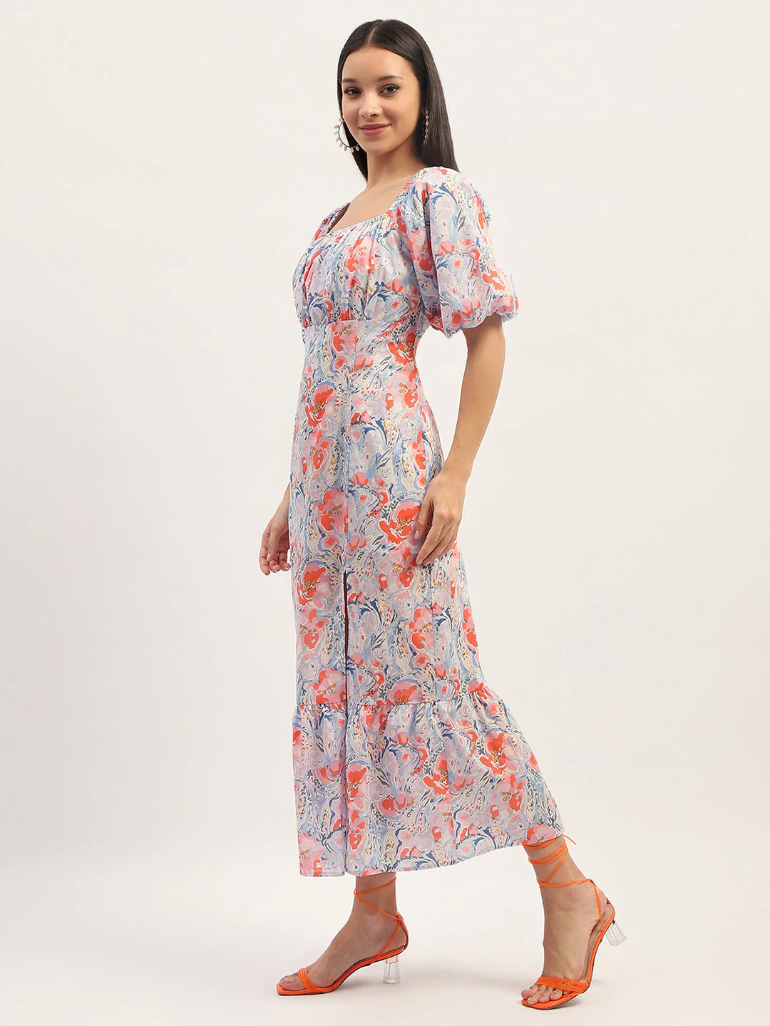 Madame Printed Fit And Flare Blue Cotton Maxi Dress - Image 5