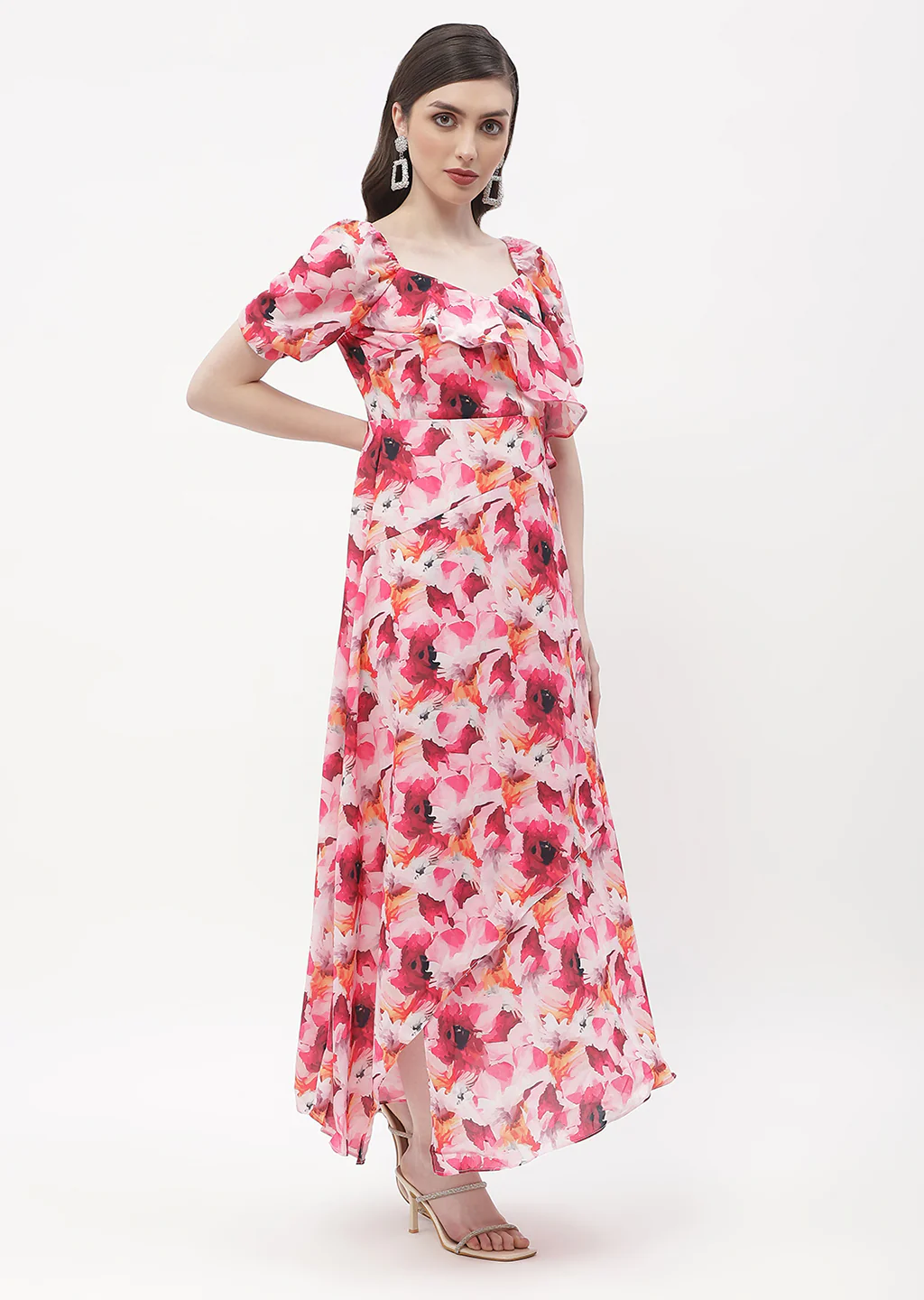 Madame Sweetheart Neck Hot Pink Floral Maxi Dress - Image 3