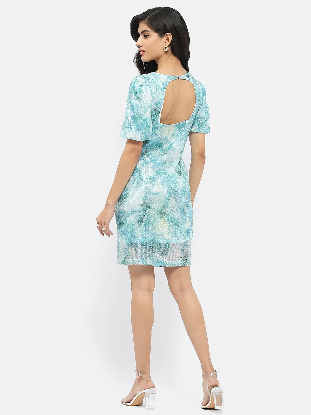Madame Abstract Print Sky Blue Shimmery Dress - Image 5
