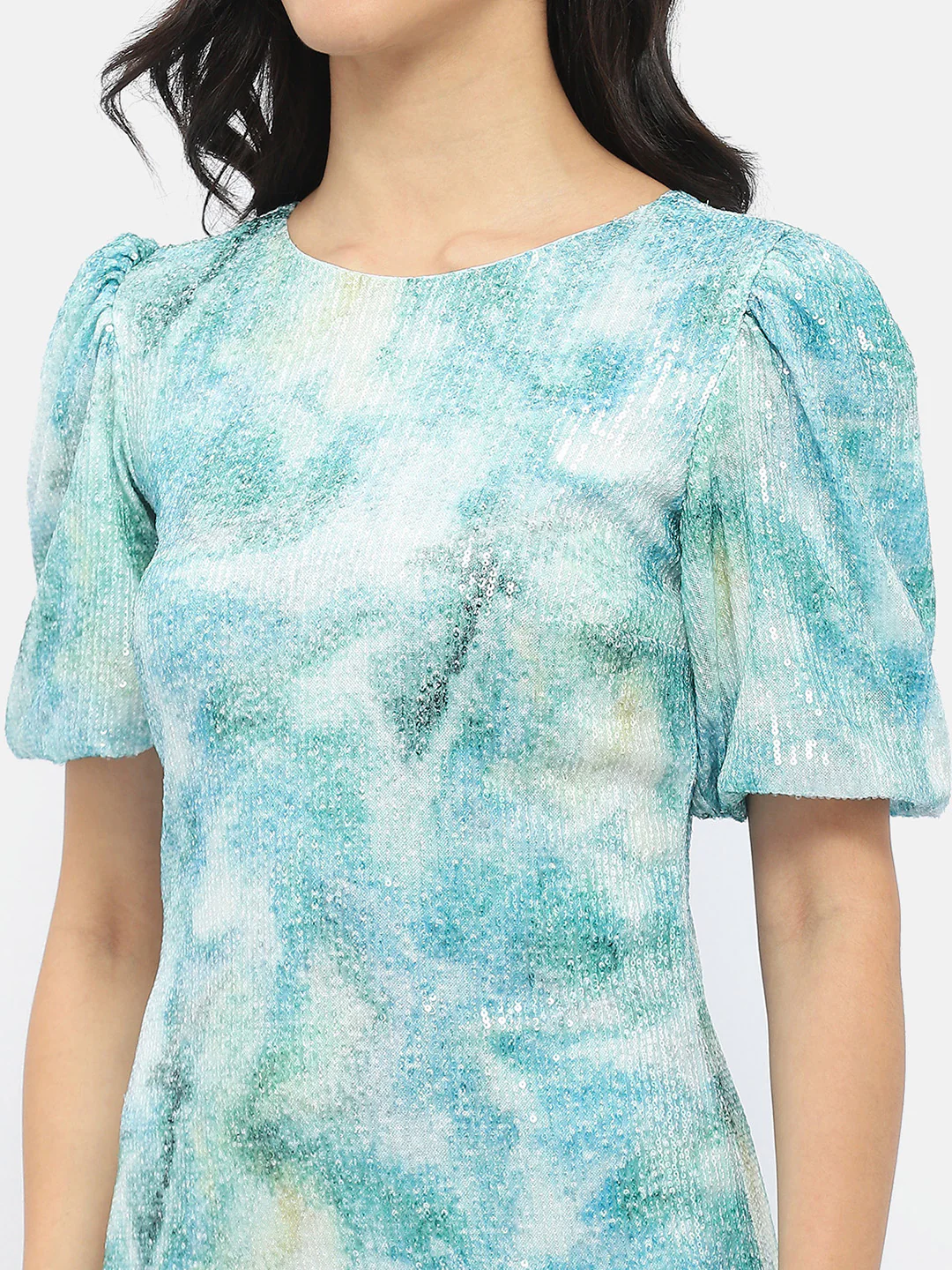 Madame Abstract Print Sky Blue Shimmery Dress - Image 6