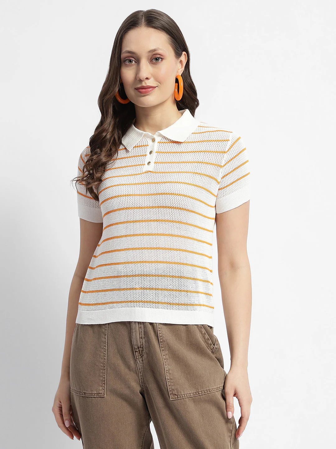 Madame Orange Striped Polo Neck T-Shirt - Image 3
