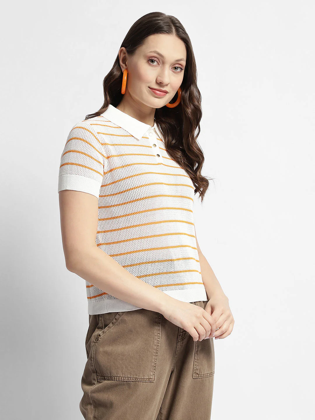 Madame Orange Striped Polo Neck T-Shirt - Image 4