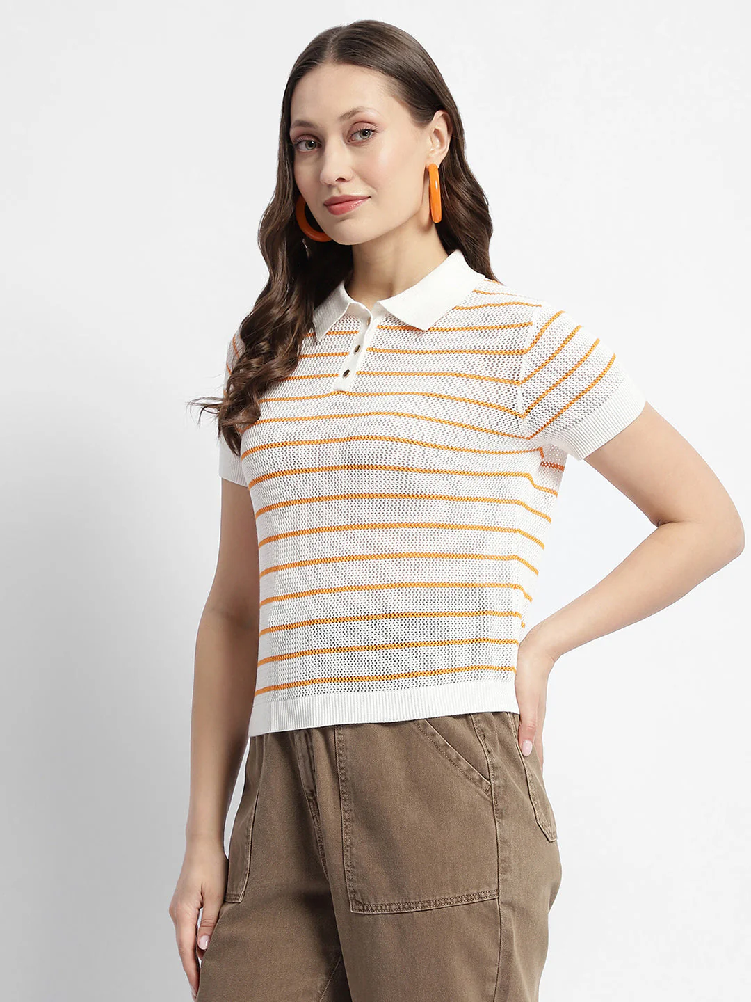 Madame Orange Striped Polo Neck T-Shirt - Image 5
