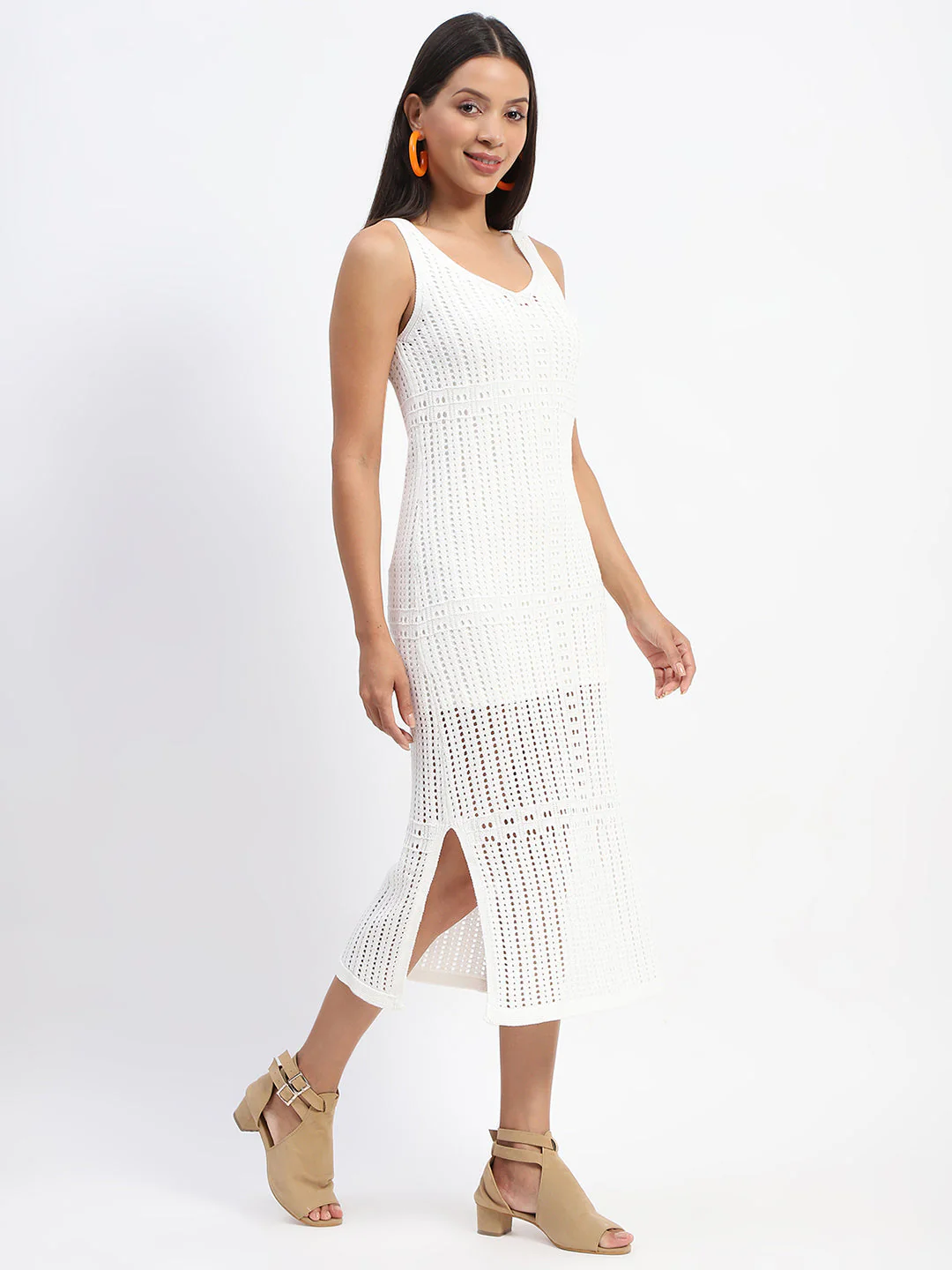 Madame V Neck Crochet Off White Knitted Dress - Image 4