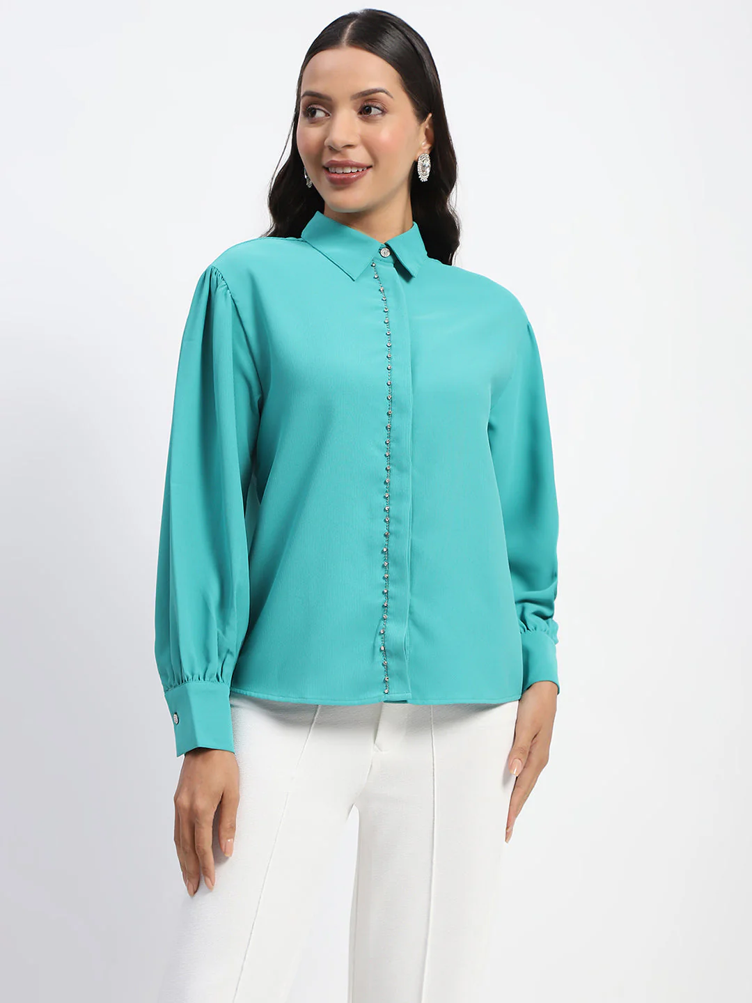 Madame Embellished Cuffed Sleeve Green Shirt - Image 3