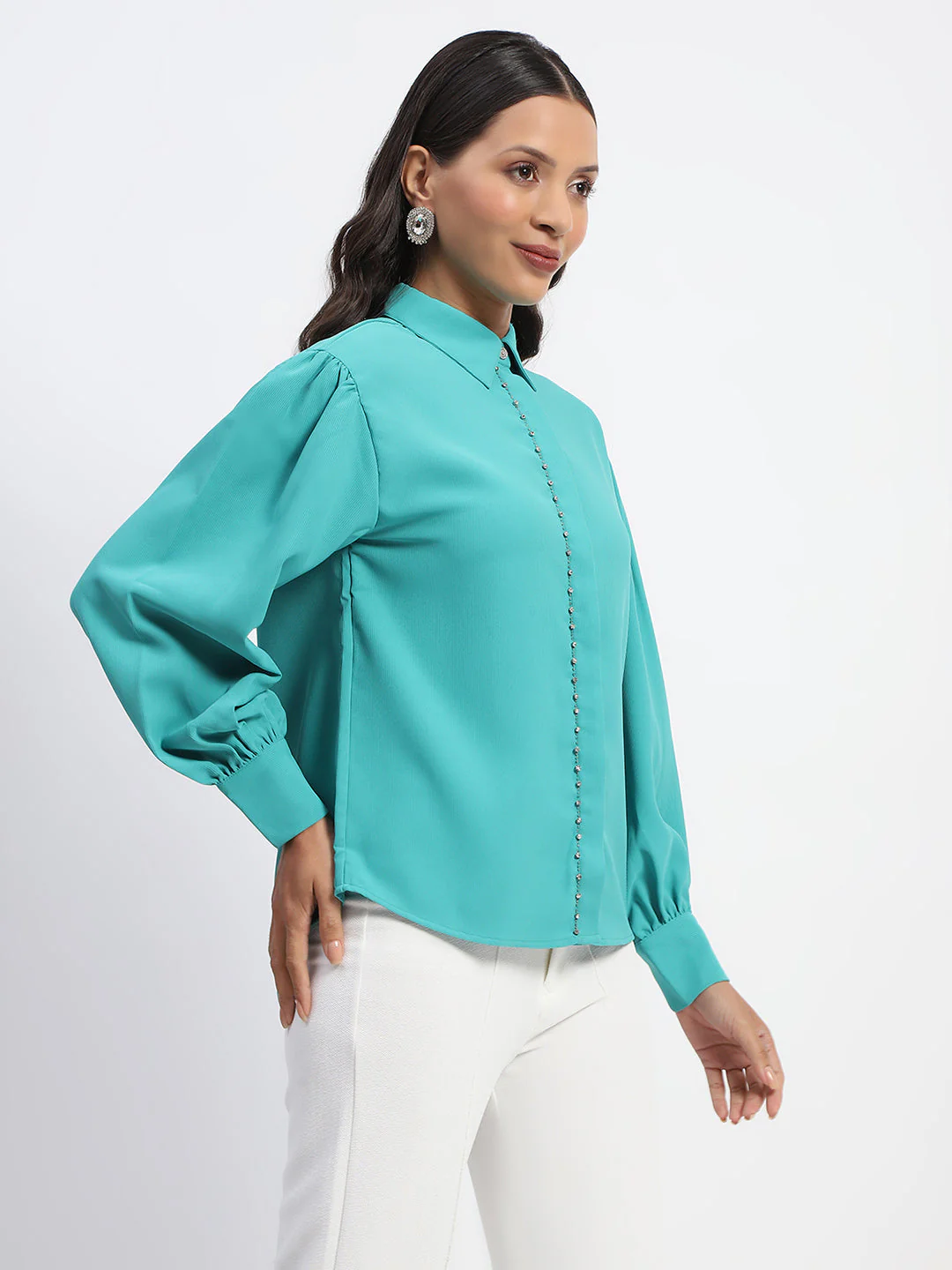 Madame Embellished Cuffed Sleeve Green Shirt - Image 4