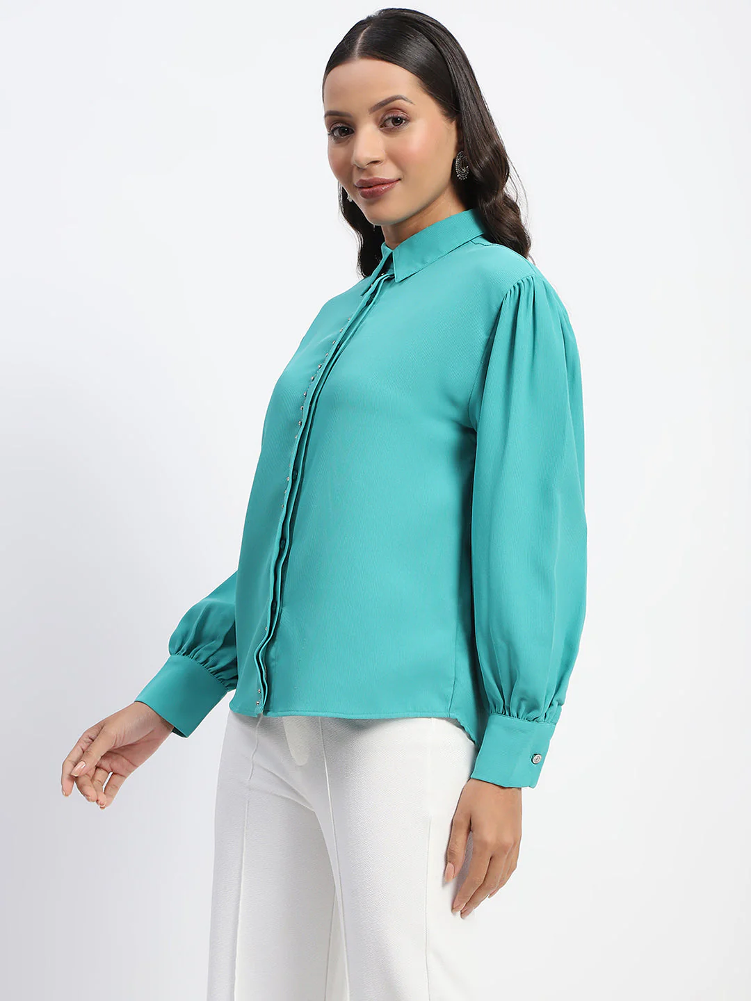 Madame Embellished Cuffed Sleeve Green Shirt - Image 5