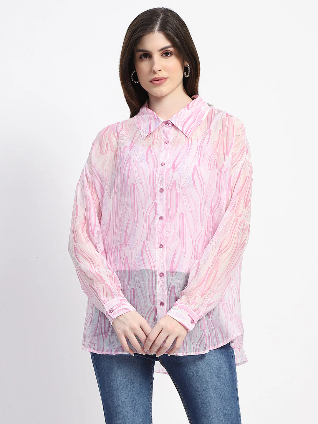 Madame Semi Sheer Abstract Print Baby Pink Shirt - Image 3