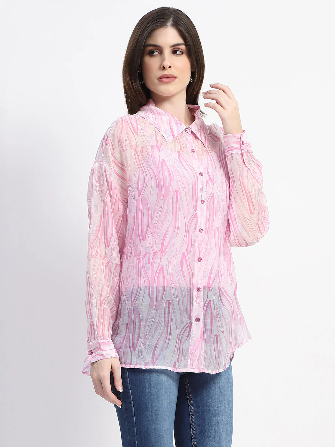 Madame Semi Sheer Abstract Print Baby Pink Shirt - Image 4