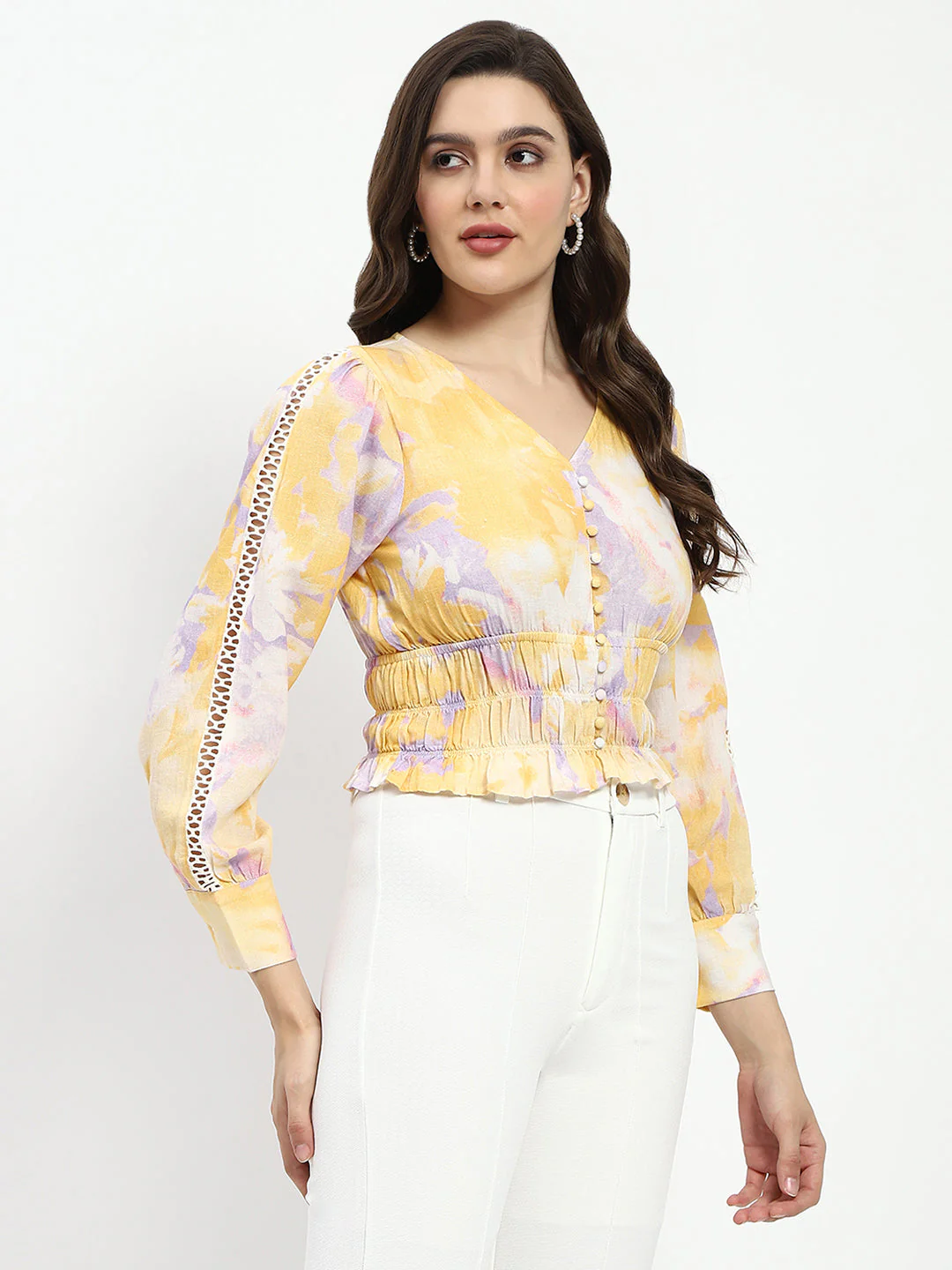 Madame Abstract Print V Neck Smocked Top - Image 3