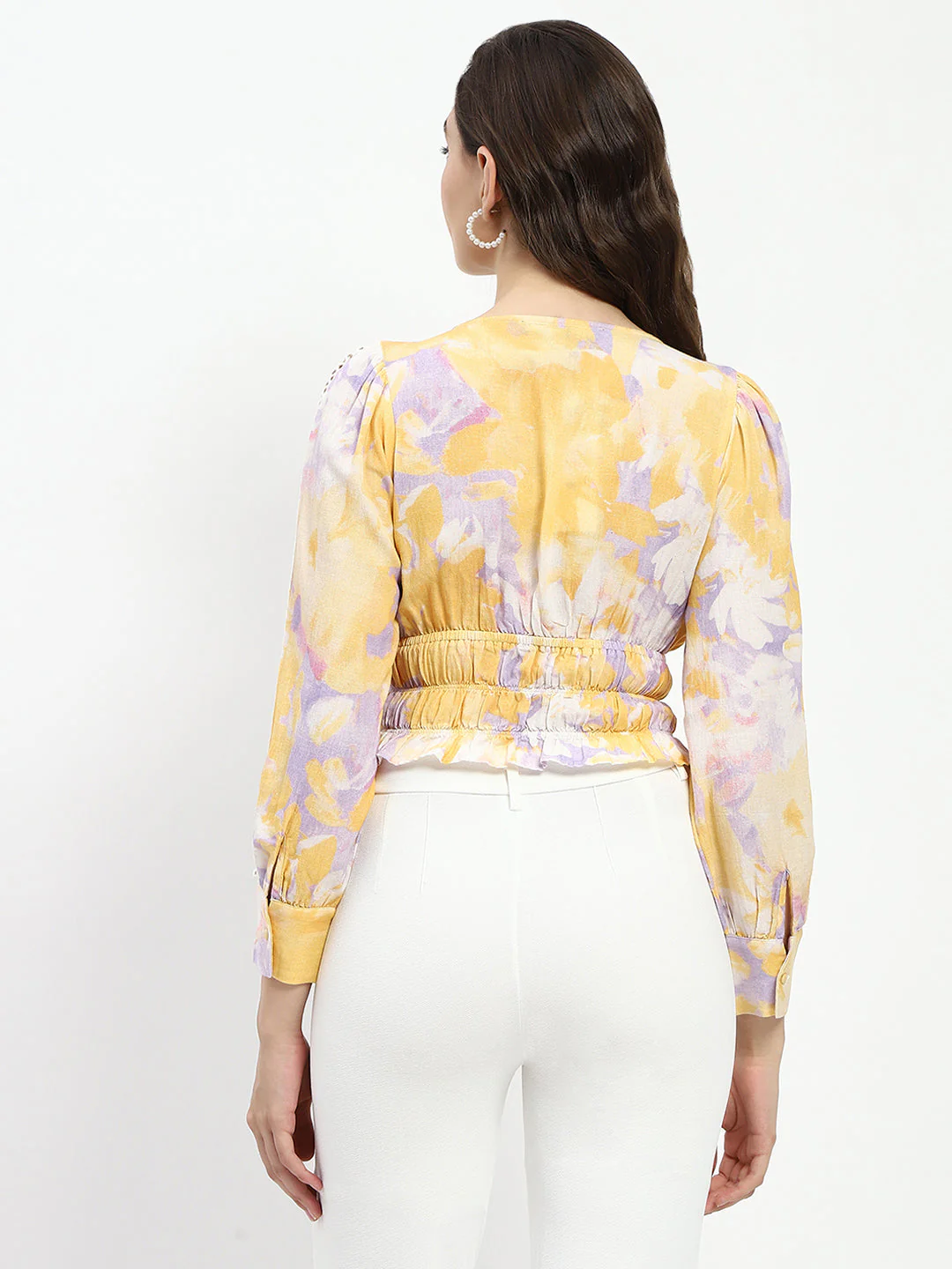 Madame Abstract Print V Neck Smocked Top - Image 5