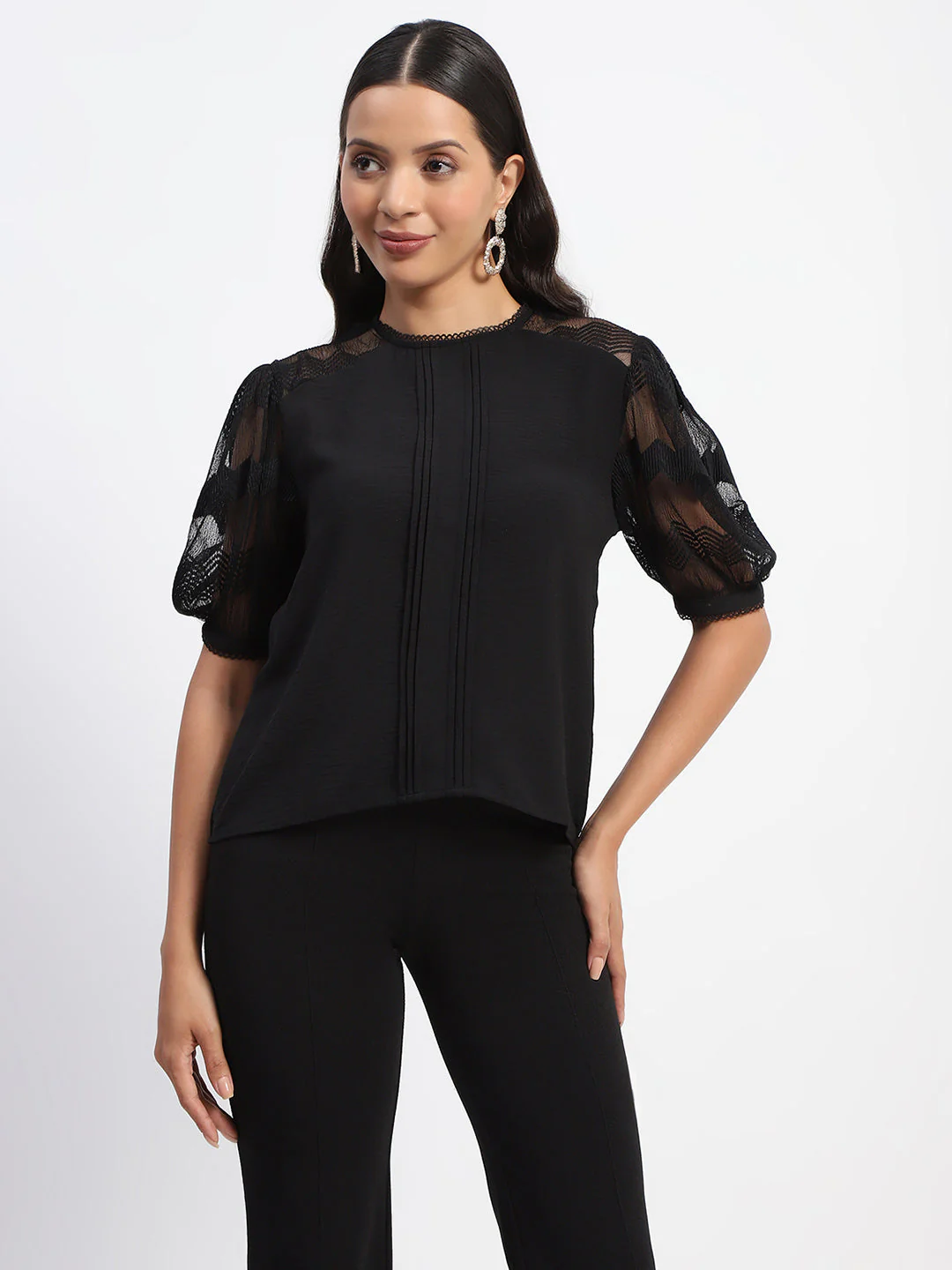 Madame Embroidered Crew Neck Black Mesh Top - Image 3