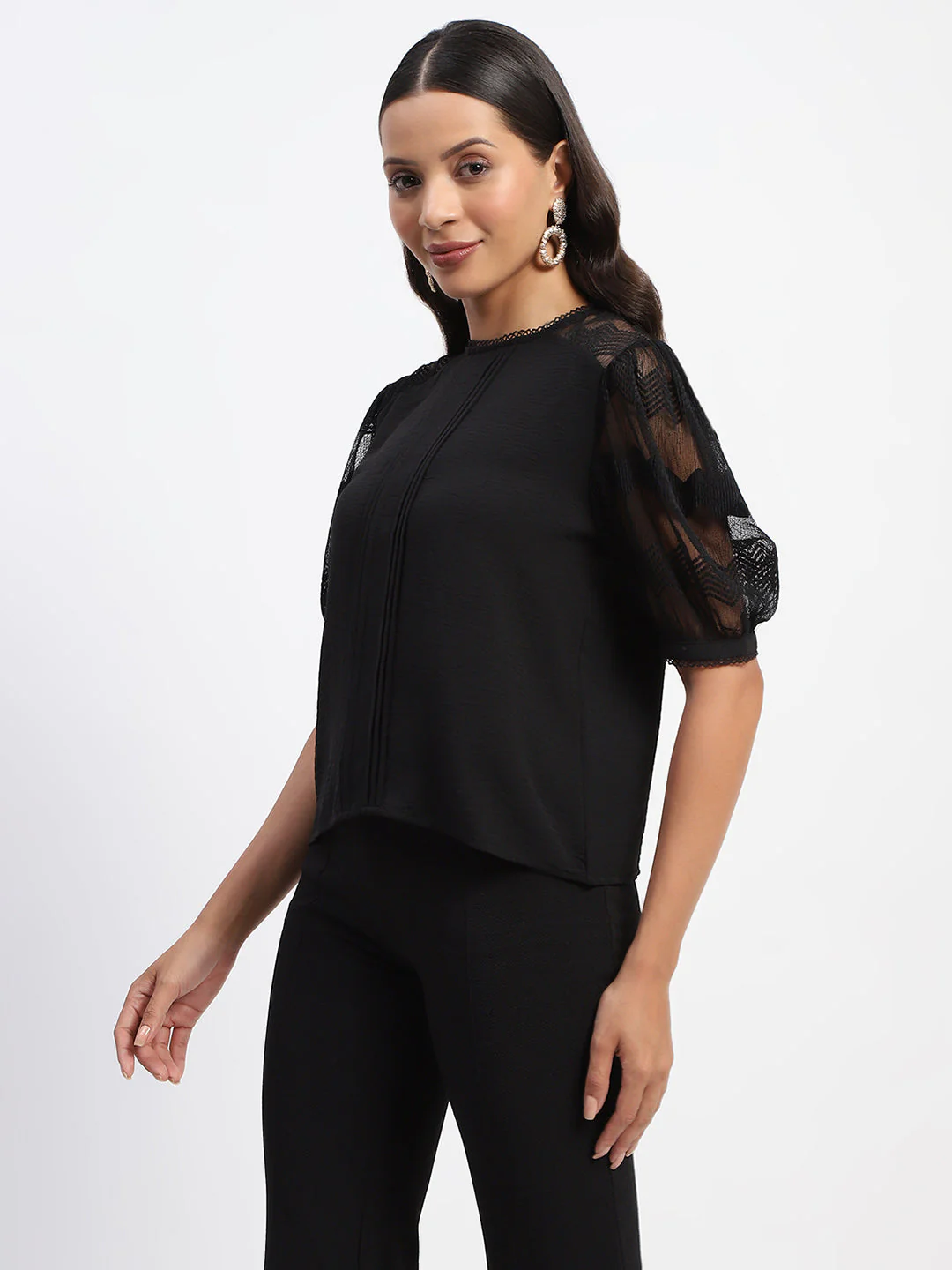 Madame Embroidered Crew Neck Black Mesh Top - Image 5