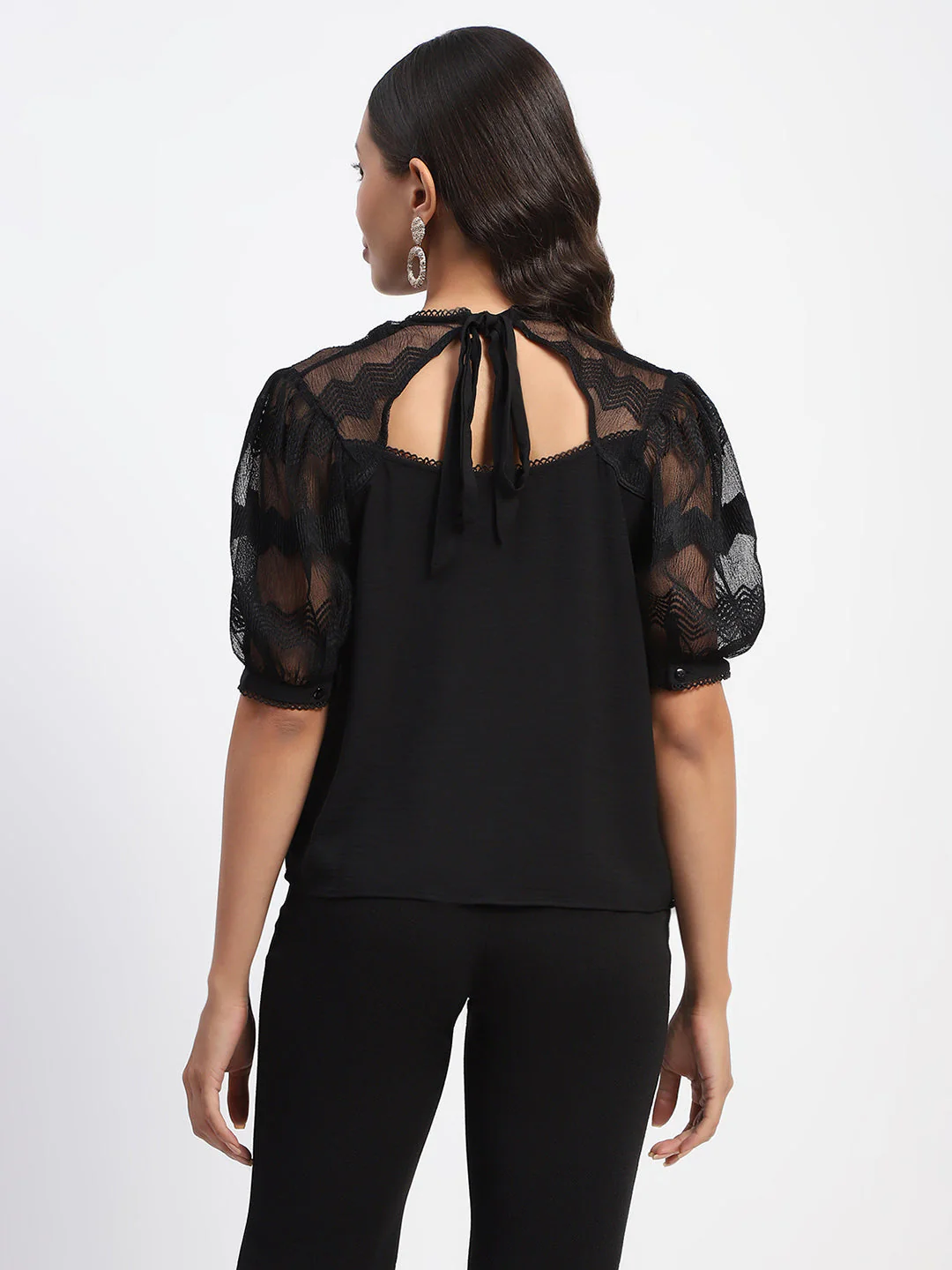 Madame Embroidered Crew Neck Black Mesh Top - Image 6