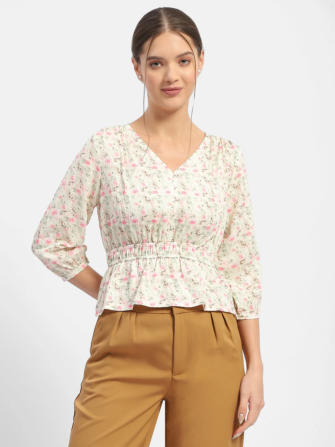 Madame Floral Print Pink Peplum Top - Image 3