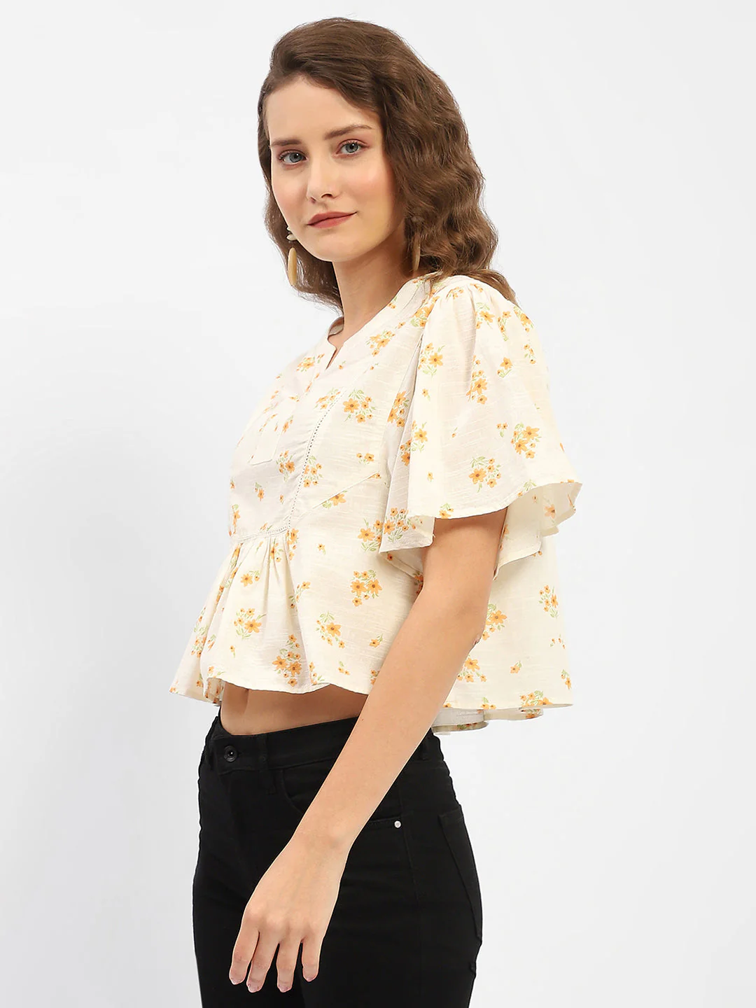 Madame Mandarin Collar Ruffle Detailing Printed Cotton Peplum Top - Image 5