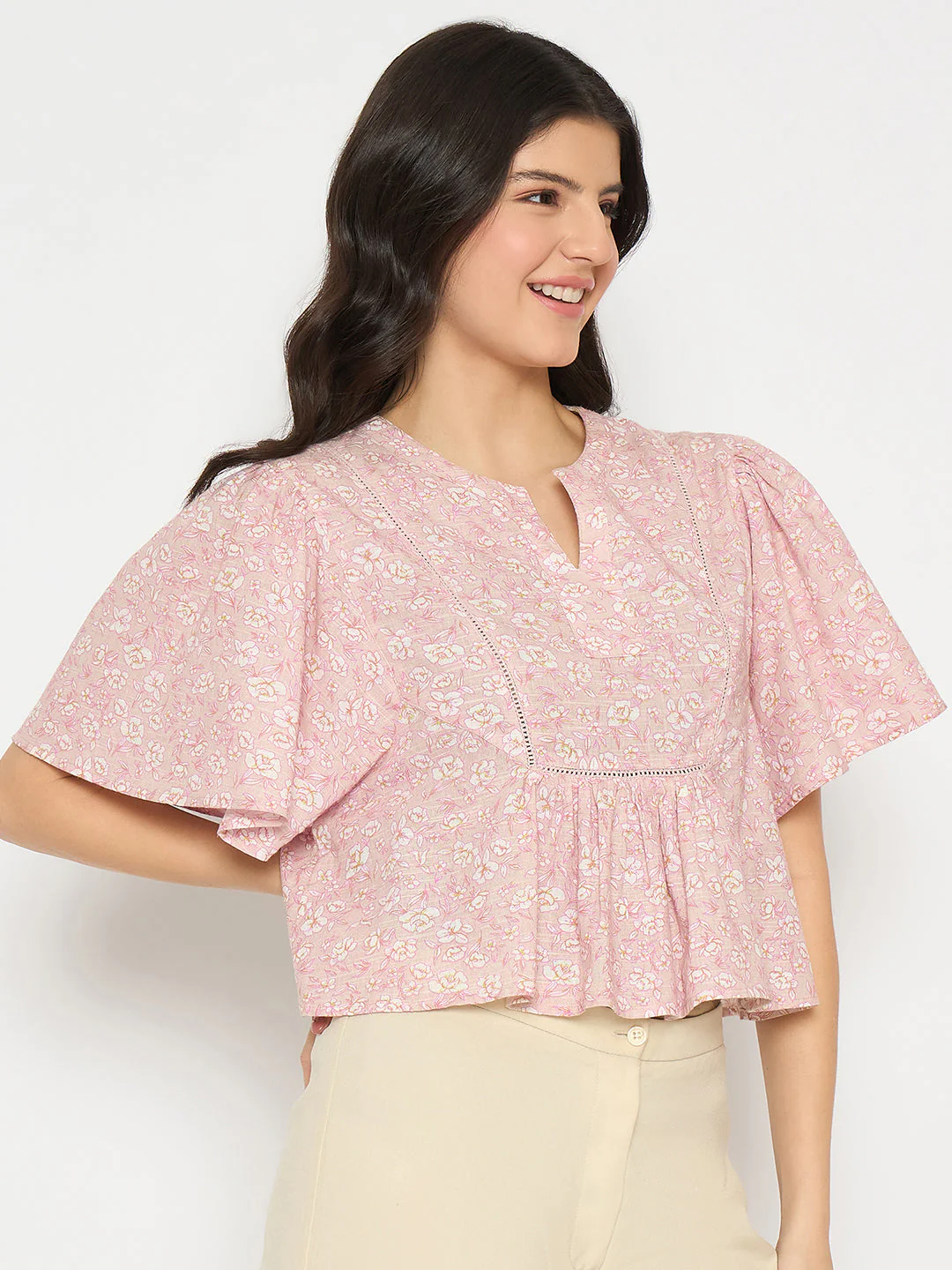 Madame Floral Print Pink Cotton Peplum Top - Image 4