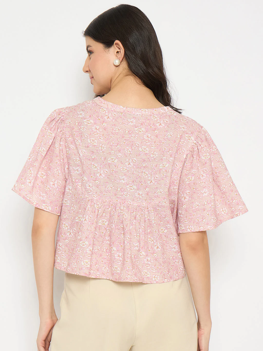 Madame Floral Print Pink Cotton Peplum Top - Image 6