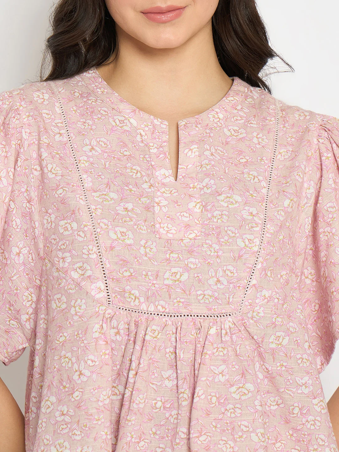 Madame Floral Print Pink Cotton Peplum Top - Image 7