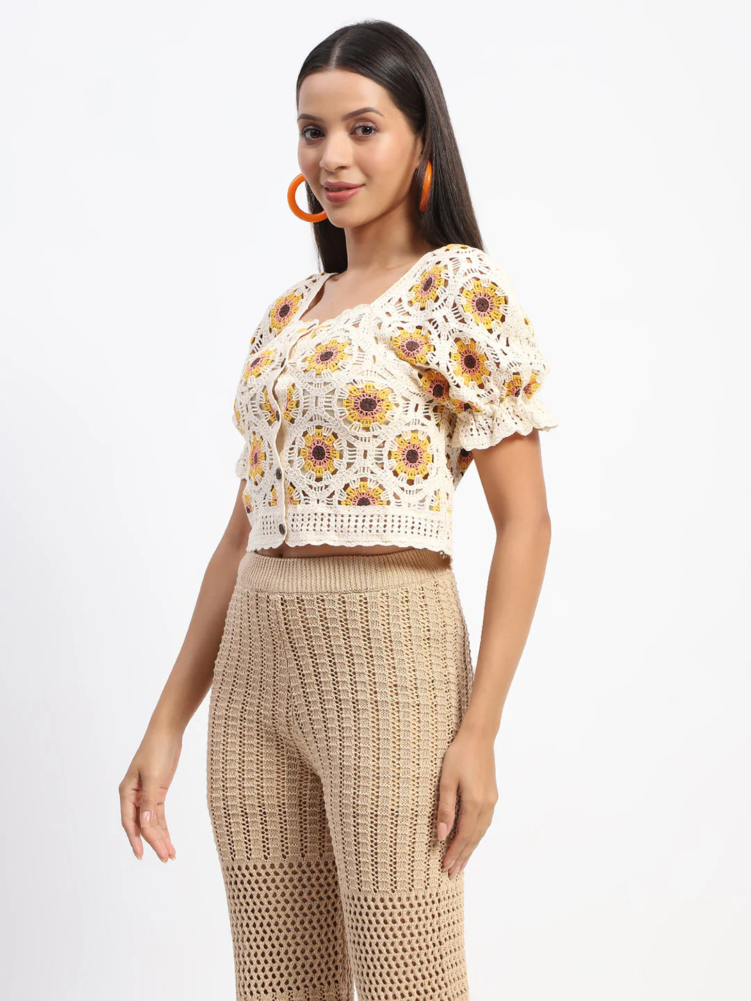 Madame Floral Print Beige Cotton Crochet Top - Image 4