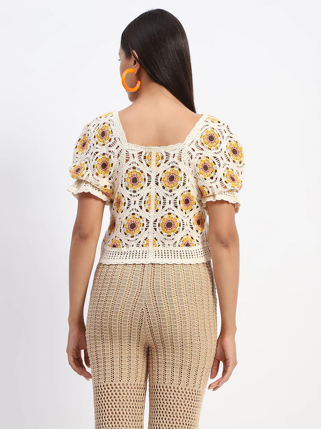 Madame Floral Print Beige Cotton Crochet Top - Image 5