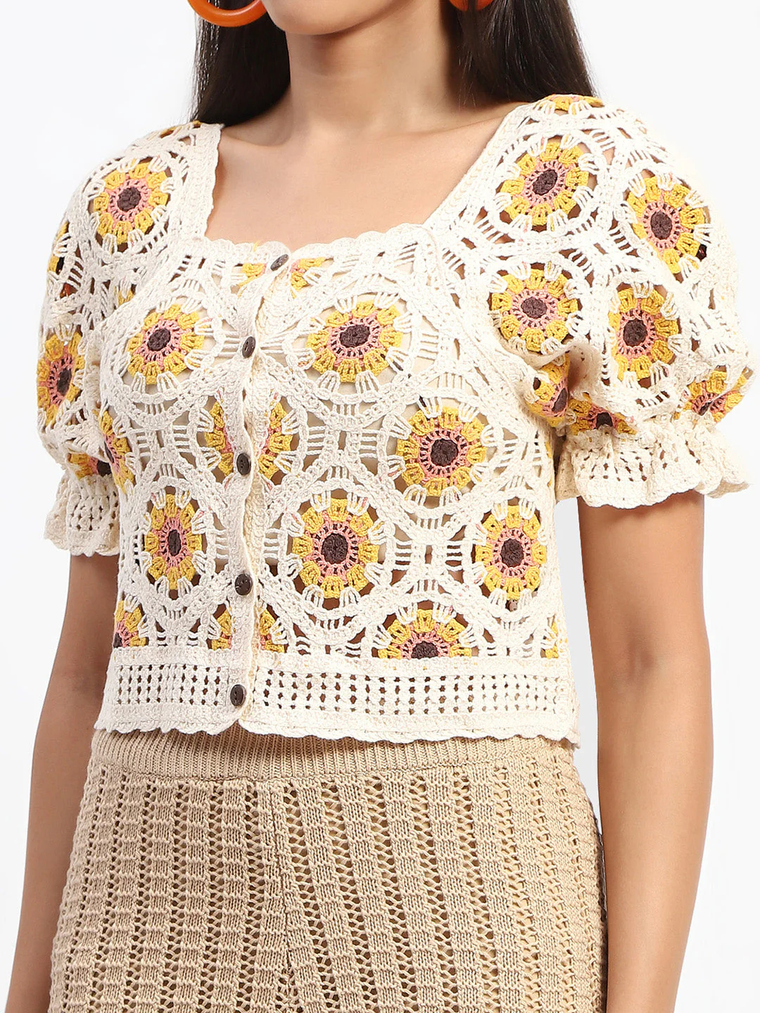 Madame Floral Print Beige Cotton Crochet Top - Image 6