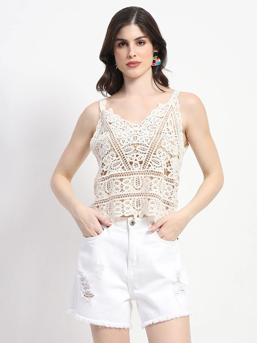 Madame Lace Detailed White Cotton Cami Crop Top - Image 3