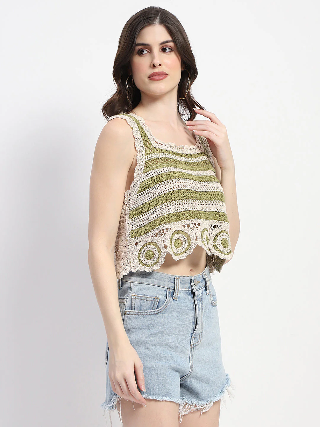 Madame Crochet Knit Green Cotton Crop Top - Image 3